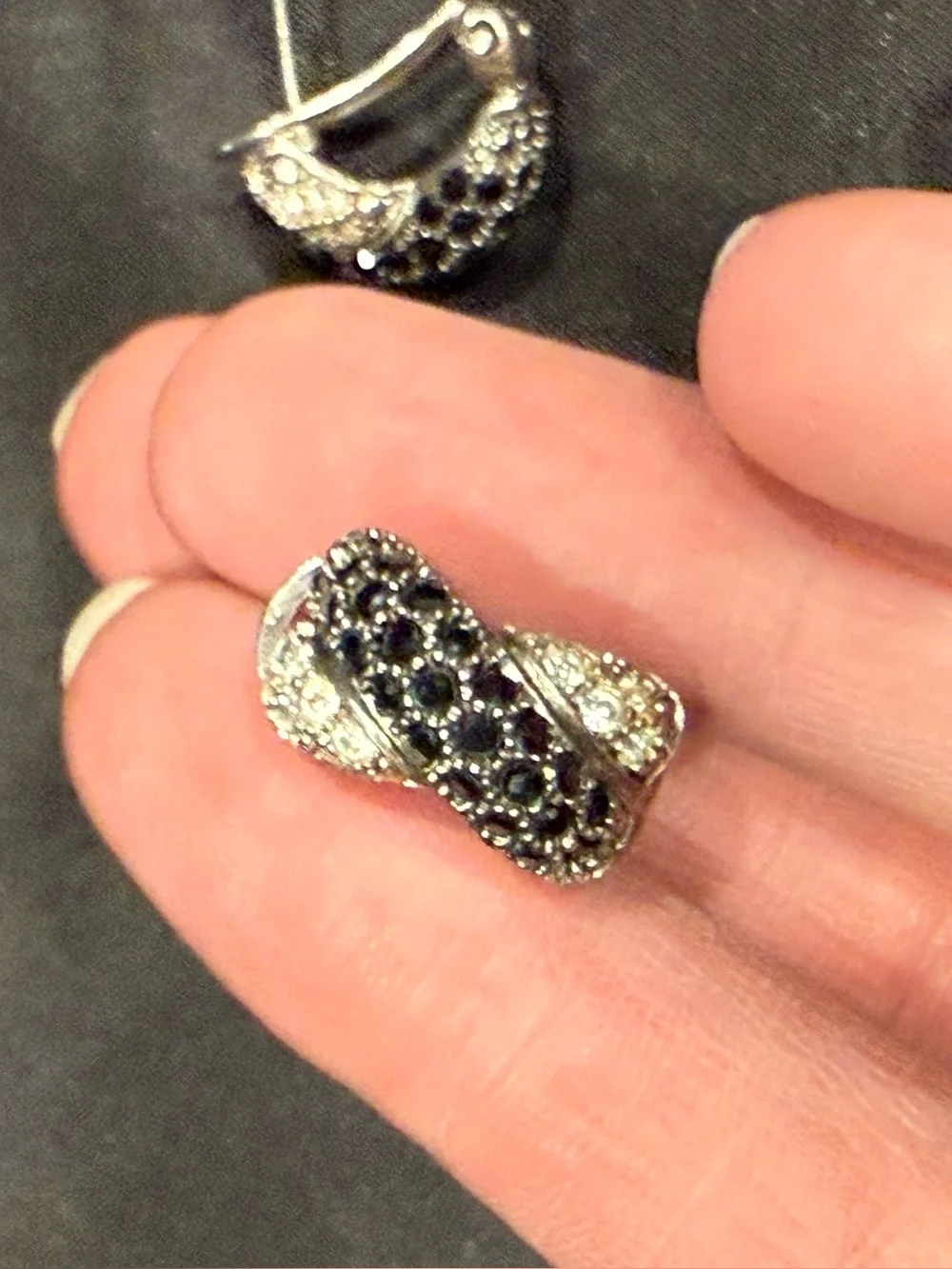 Silver Black & Clear Crystal Half Hoop Earrings Pavé Statement Huggies
